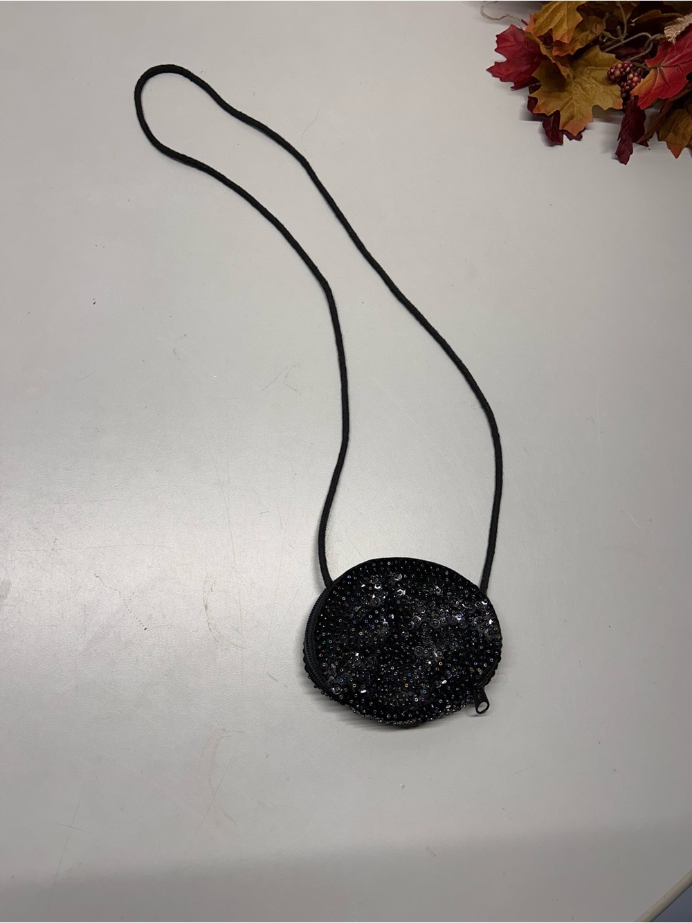 Black Beaded Round Necklace Purse with Sparkling Detail